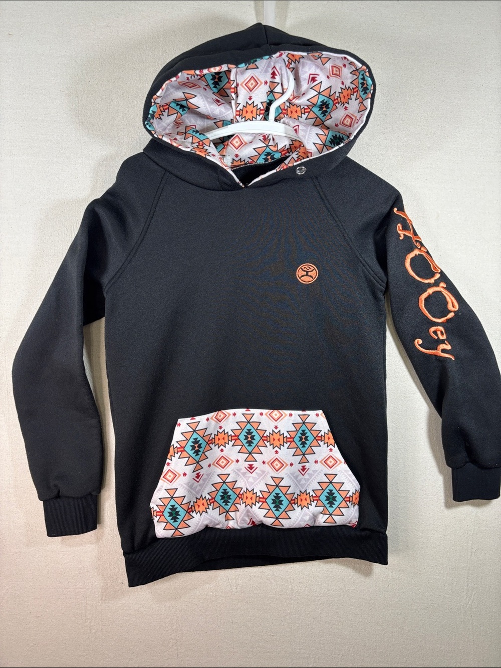 Kids Hooey Black Hoodie with Aztec Print Pocket & Hood